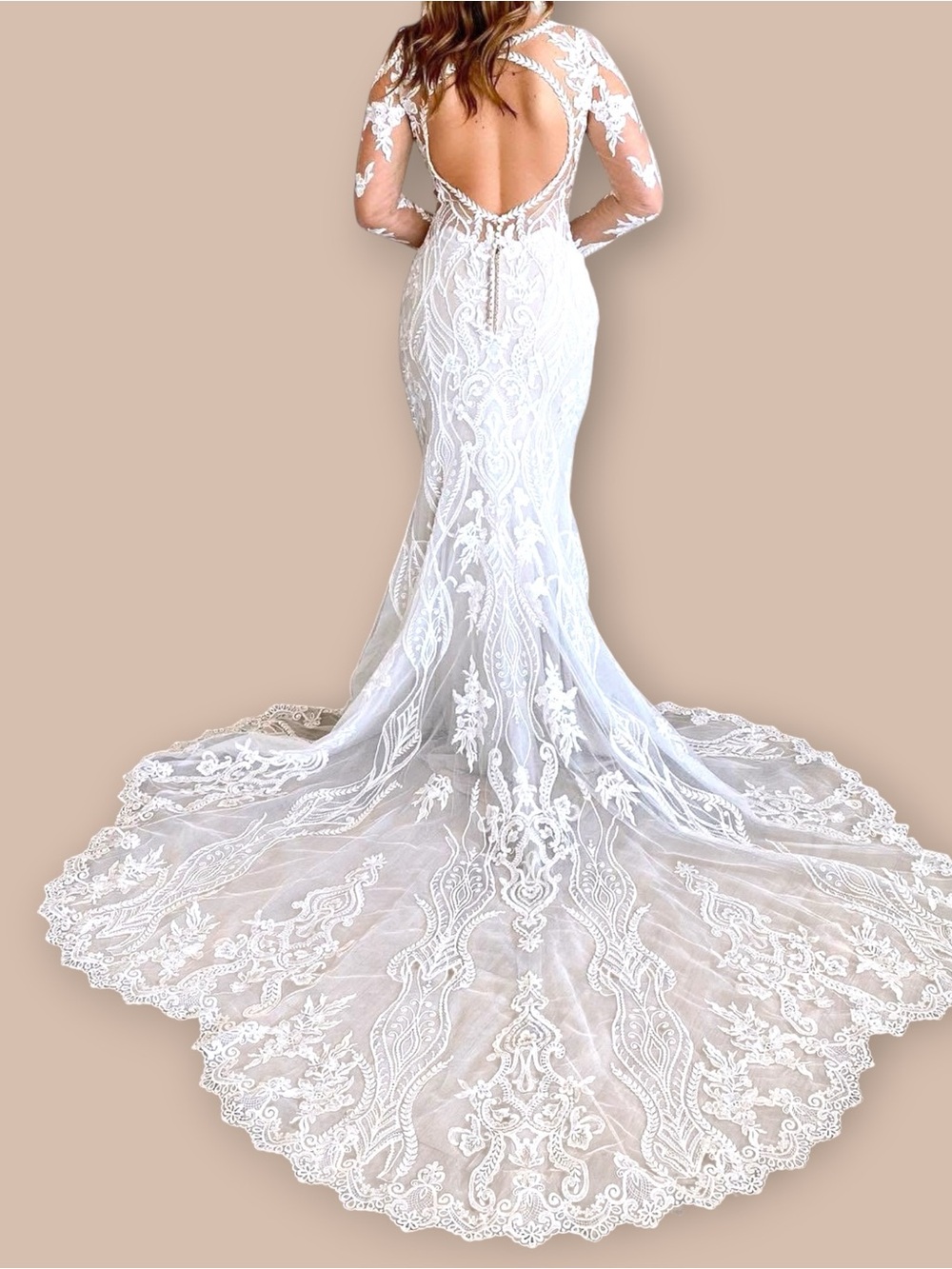 Essence of Australia D3150 Wedding Dress Lobg Sleeve Open Back Ivory/Nude